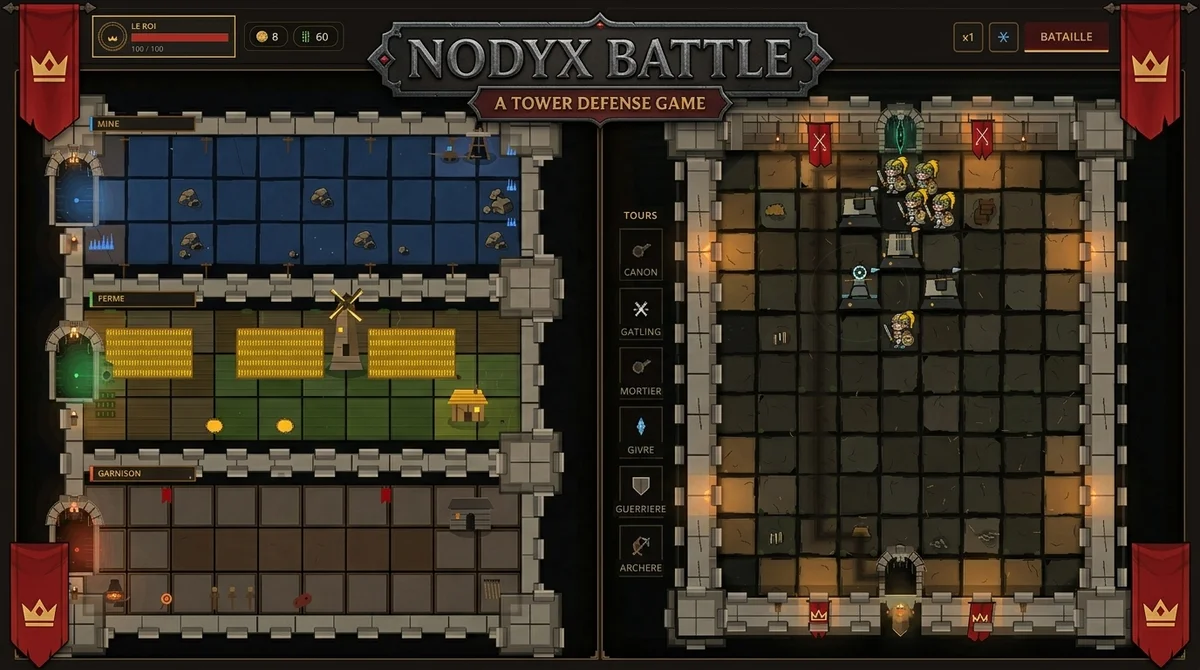 Écran du jeu NodyxBattle : à gauche la ferme (mine, champs, garnison), à droite l'arène de bataille avec les tours placées