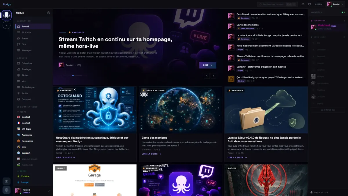 Nodyx, plateforme communautaire libre et auto-hébergée : forum, chat, vocal et homepage builder