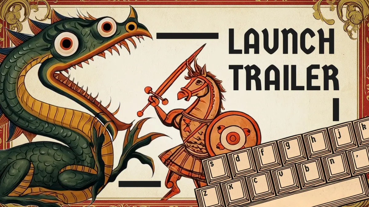 Type or Die, visuel principal : le chevalier affronte le dragon, clavier en avant