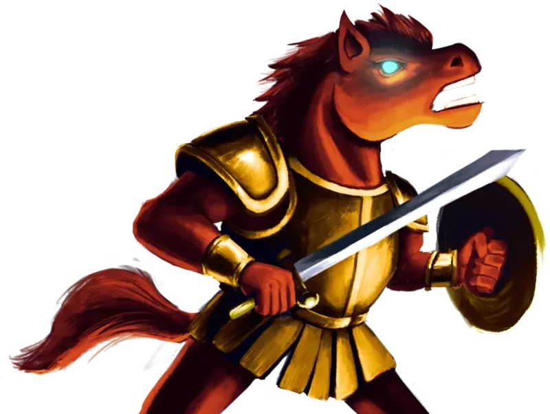 Le destrier en armure dorée, épée et bouclier, héros de Type or Die